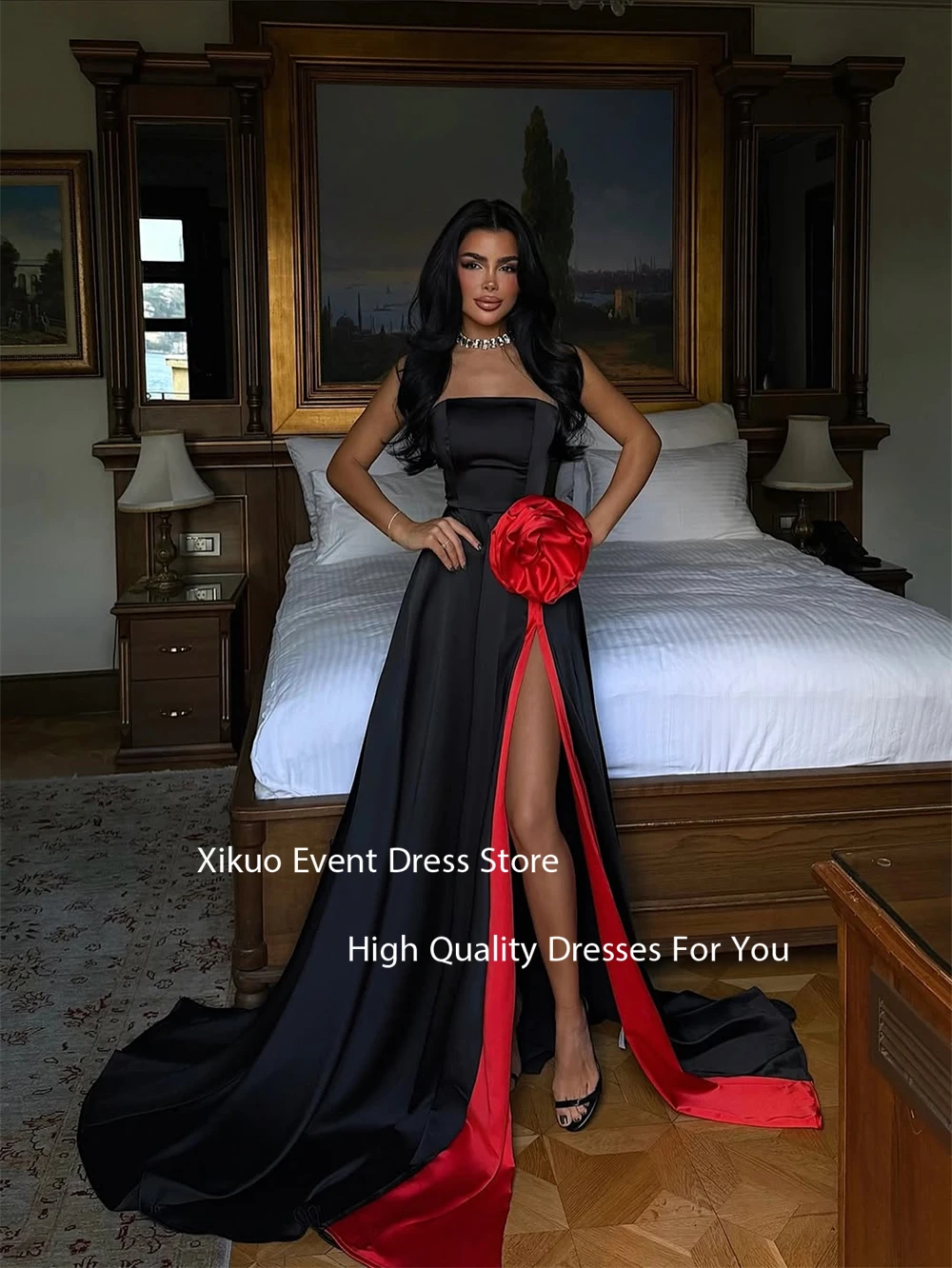 فساتين سهرة Xikuo براقة على شكل حرف A بطول الأرض فساتين حفلات كوكتيل من الساتان بفتحة عالية رداء De Soirée مخصص #6