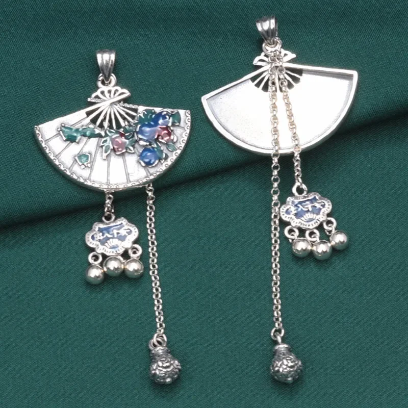 Ethnic 925 Sterling Silver Fan Shape Long Tassel Pendant Necklace Retro Enamel Money Bag Ruyi Lock DIY Material Jewelry Making