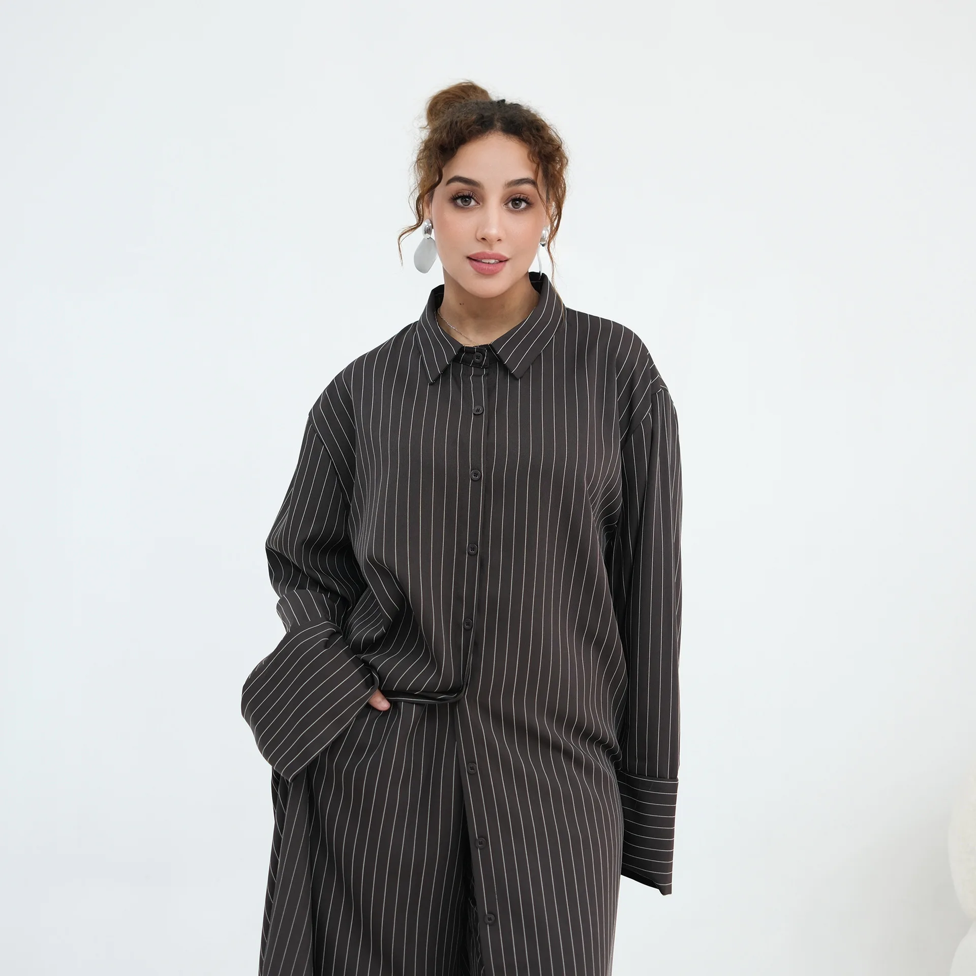 

Eid Muslim Sets for Women Stripe Long Shirt Dress Wide Leg Pants Suit Dubai Kaftan Abaya Islam Outfits Femme Musulmane Ensembles