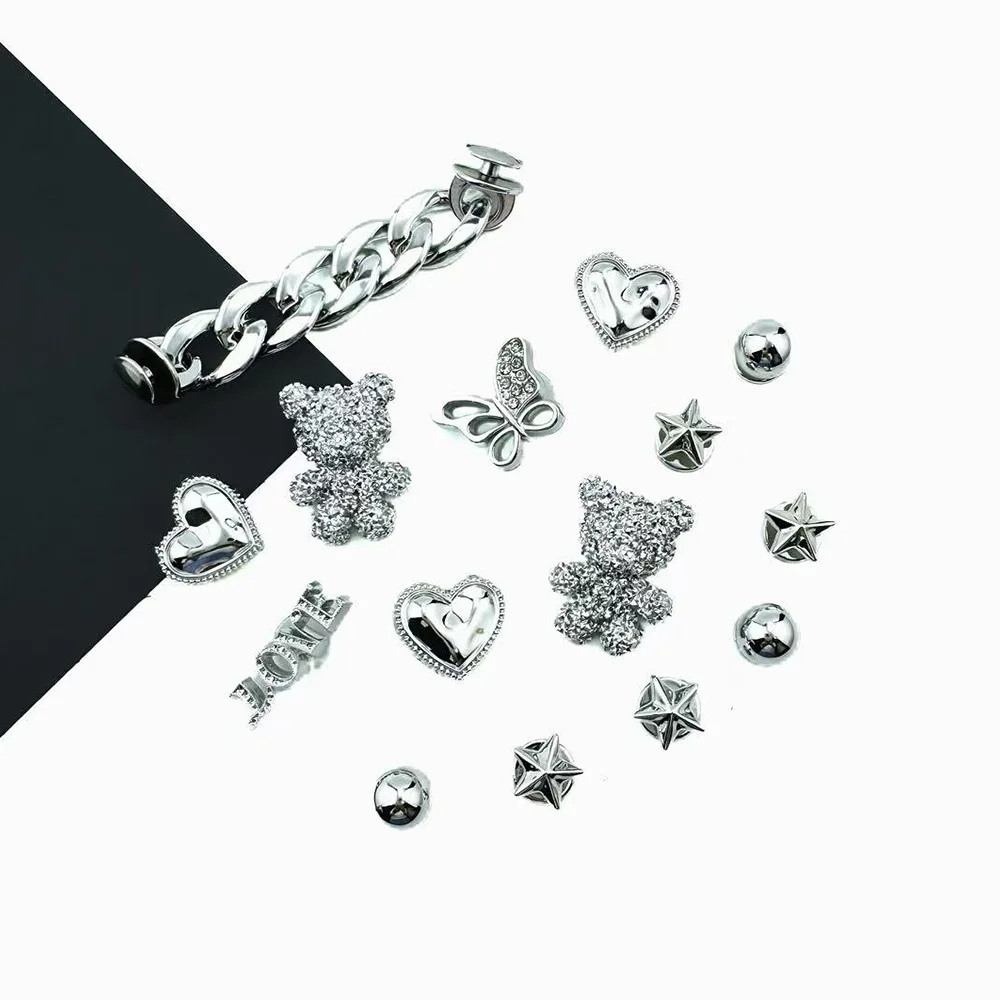 15-teiliges Sommer-Mode-Schuhcharms-Set: Zubehör für Clogs, Schuhschnallen, Diamant-Bären-Ketten, Nieten, DIY-Schuhdekorationen – Detail 7