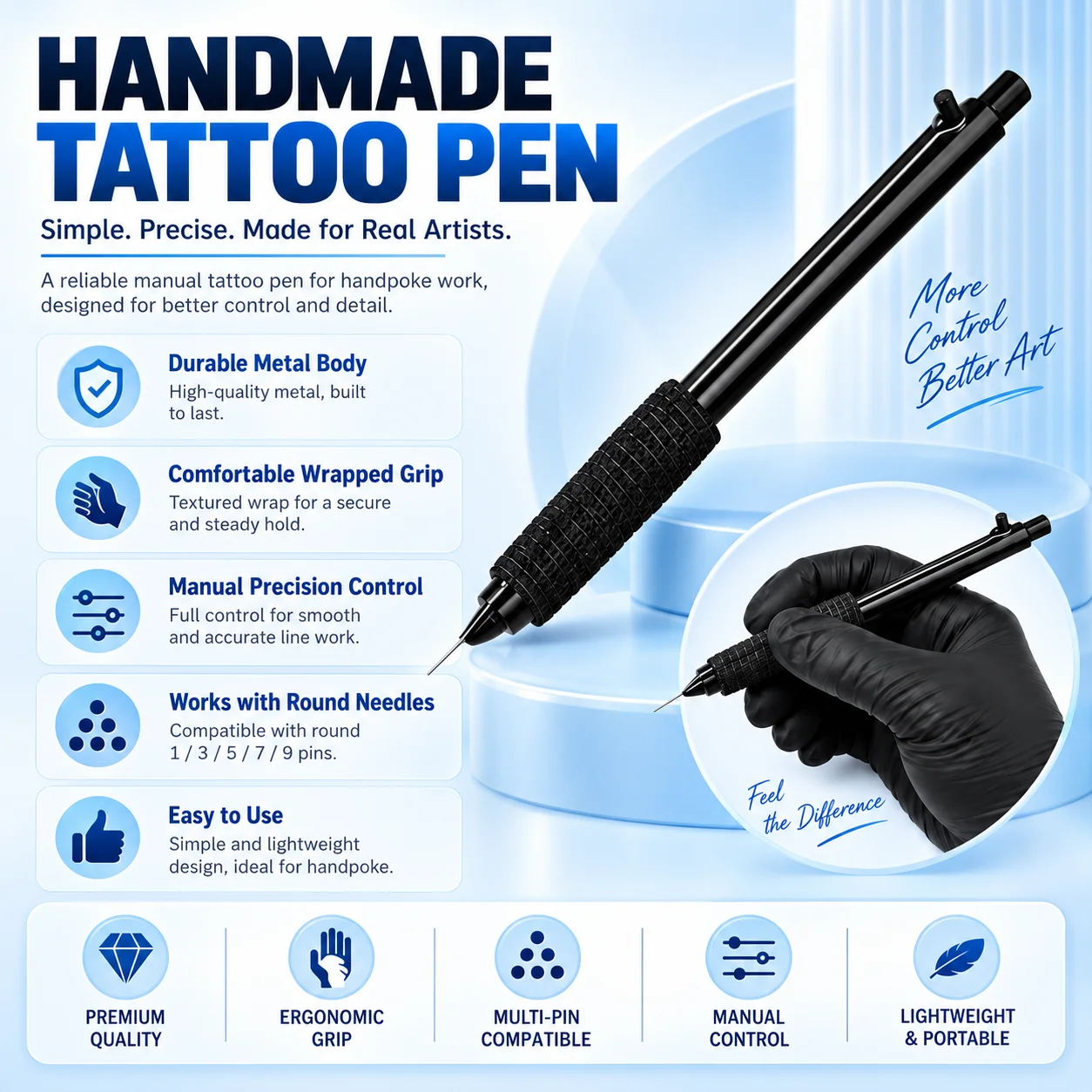 Hand Poke Tattoo Pen Manual Tattoo Tool for Round 1 3 5 7 9 Pin Needles Professional Tattoo Supplies