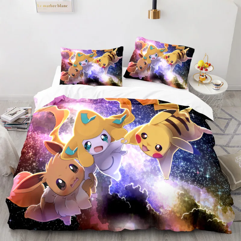 Imagem -04 - Kawaii Pokemon Bedding Grupo Anime dos Desenhos Animados Pikachu Gengar Eevee Charizard Colcha Capa de Edredão Fronha Conjunto de Cama Confortável Rei