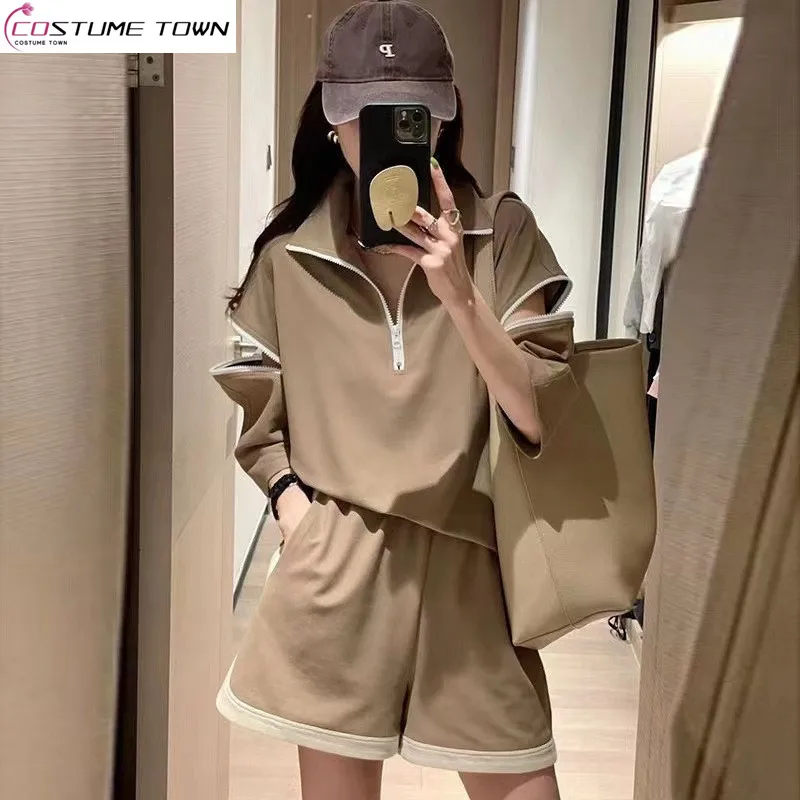 

Spring and summer new fashion casual sportswear women's zipper lapel top+wide leg shorts two-piece set trendy