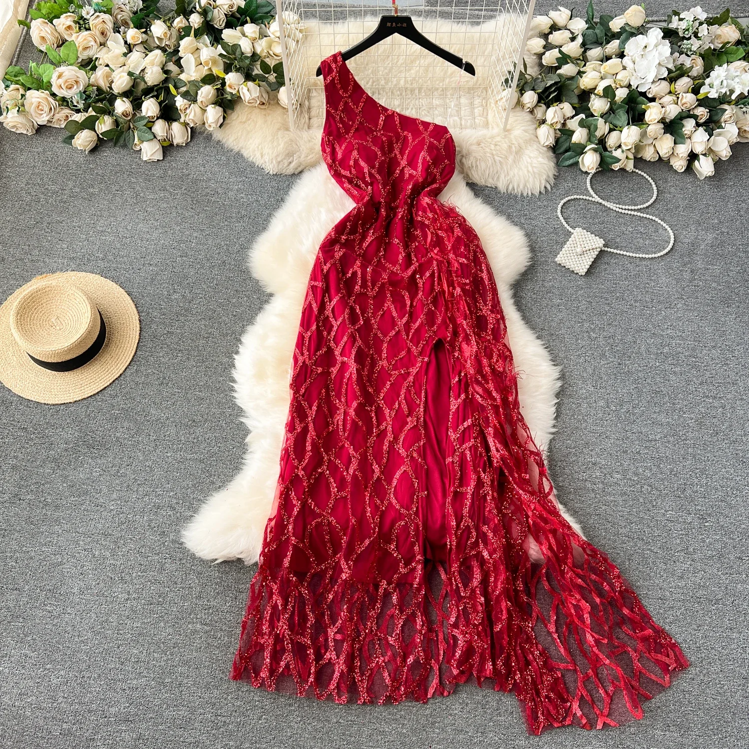 Abito da sera lungo Vintage per donna gancio a rete fiore una spalla alta divisa in Tulle femminile abiti Prom Luxury Chic New