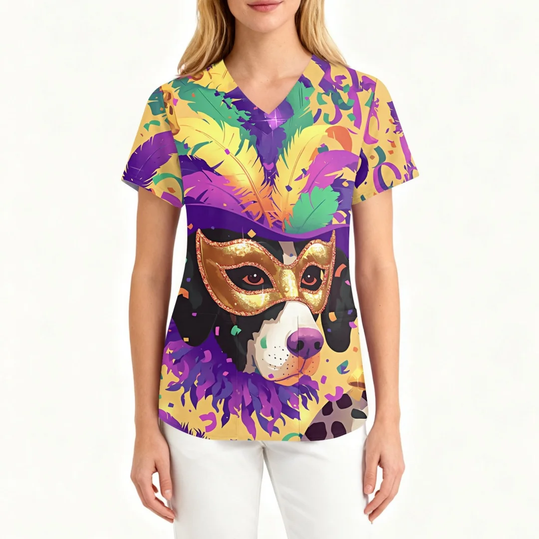 女性用マルディグラススクラブトップ 面白いマスク フェザープリント 半袖 看護師作業服 マルディグラス 快適なスクラブトップ ポケット付き