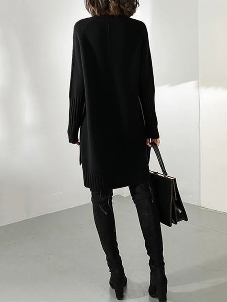 Vestido negro a la moda para mujer, informal, holgado, de manga larga, Color contrastante, medio cuello alto, elegante, suéter para mujer