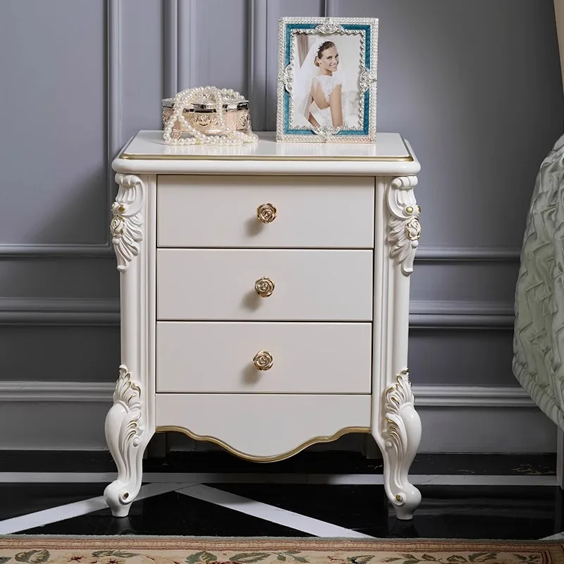 European bedside table Bedroom simple modern multi-functional white gold painted wood carving flower French romantic storage cab