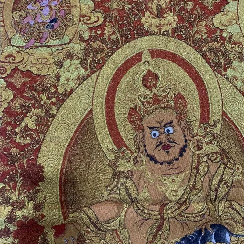 35.4″ Yellow God of Wealth Statue Brocade Tibetan Tangka Embroidery Painting Gold Thread Embroidery Decorative Hanging Pictures