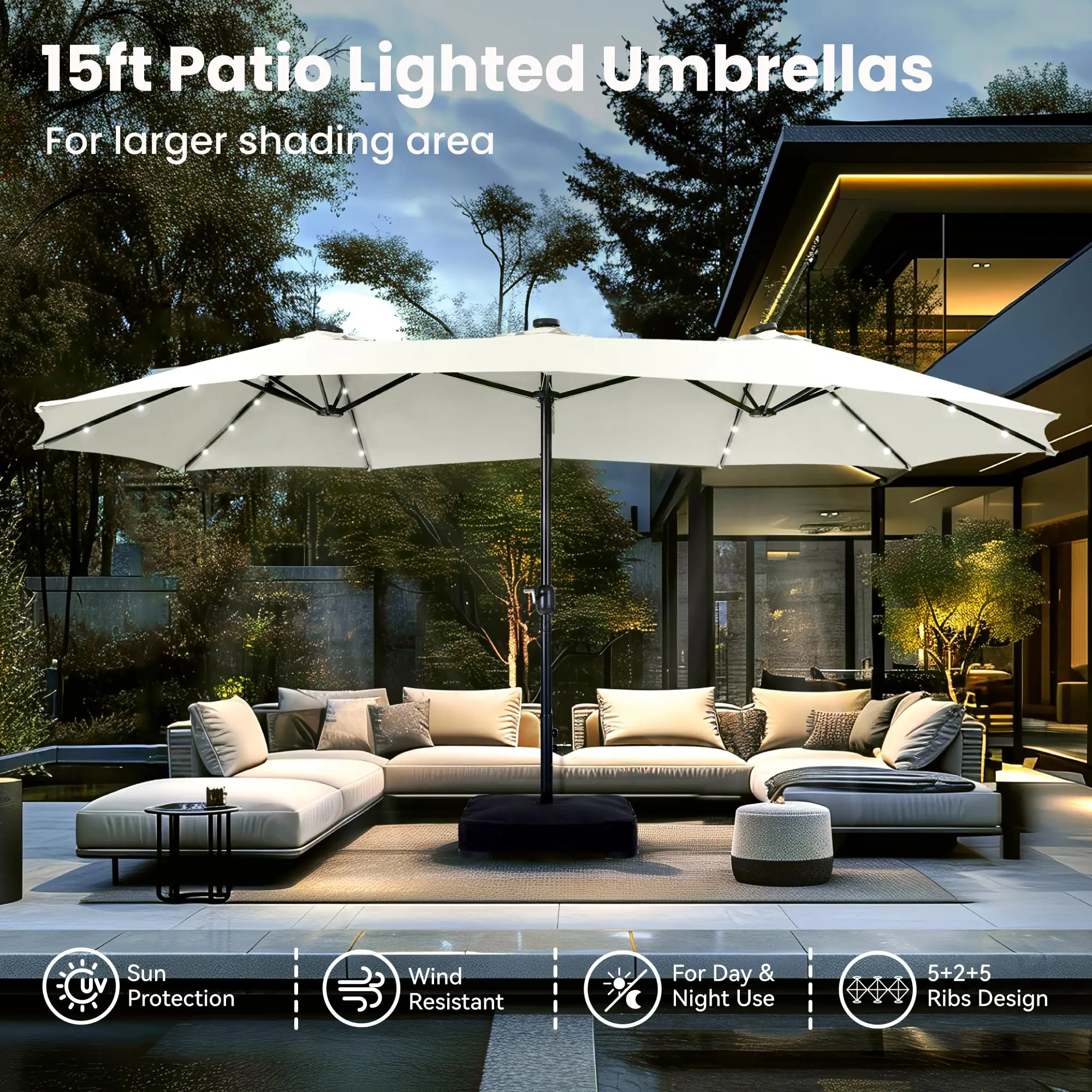 15ft Large Patio Umbrella with Base&r Lights,Rec,Ivory