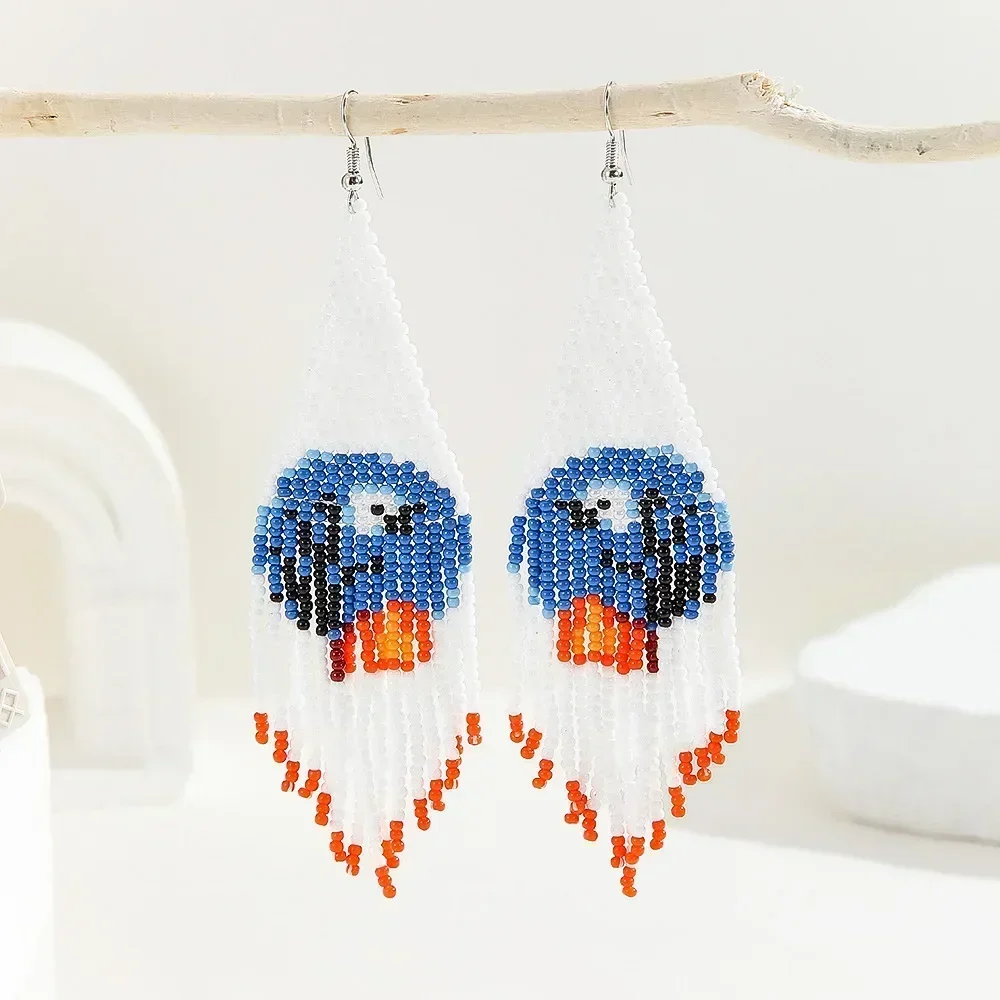 

Beaded earrings Tassel Lantern Female bird Design Versatile Hand knitting Bohemia Alloy Tide Simple Rice bead earrings