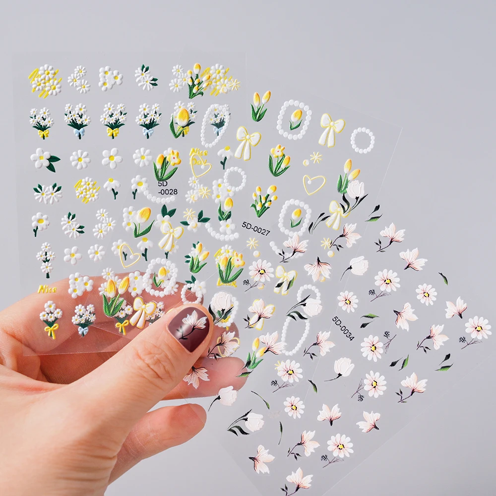 5D White Daisy Flower Nail Art Sticker Cherry Blossom Petals Leaf Spring Summer Slider Y2K Floral Decals Manicure Decoration