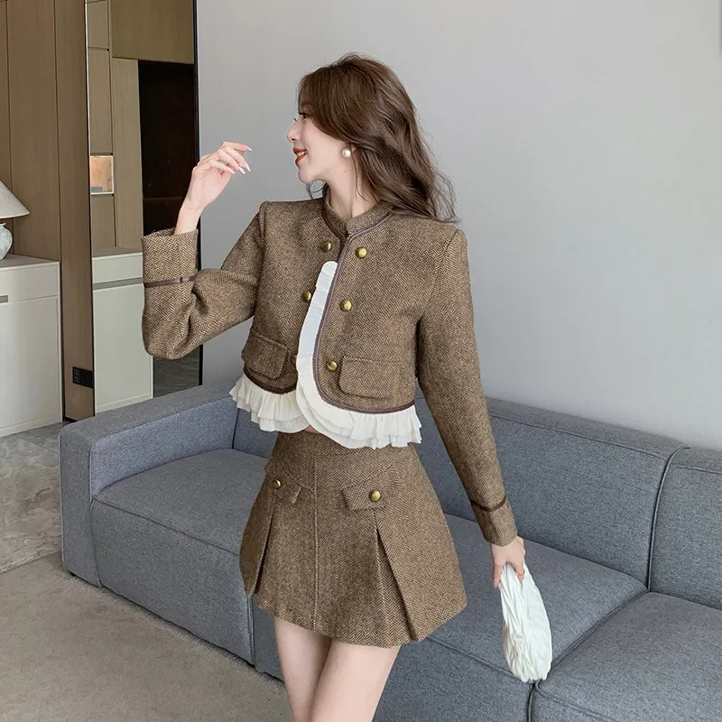 UNXX Wood Ear Splicing Woolen Blazers Skirt Suits Vintage Contrast Double-breasted Woolen Coat Long Skirt Two-piece Sets Women