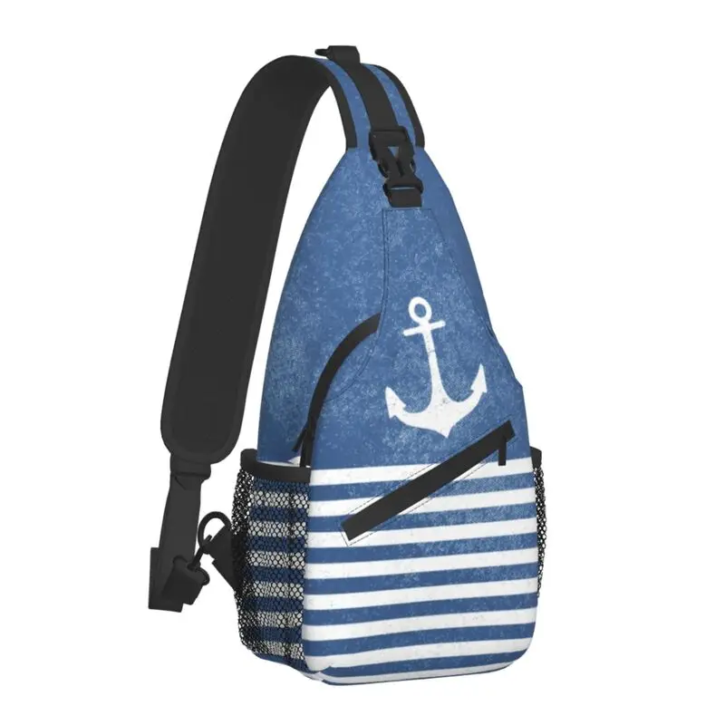 Vintage Anchor With Stripes Sling Chest Crossbody Bag Men Casual Nautical Marine Shoulder Backpack for Hiking