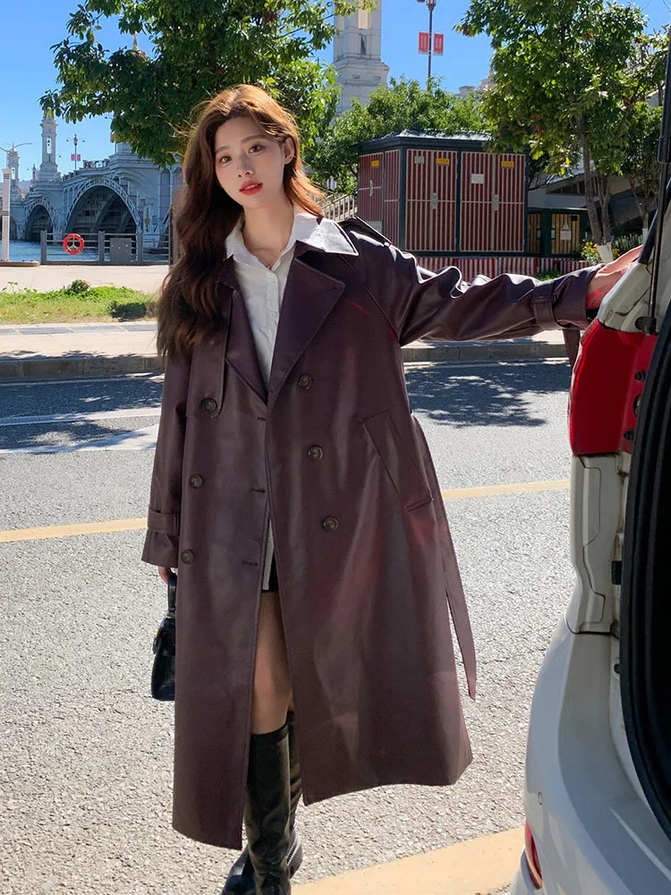 

Spring Autumn Long Oversized Black Pu Leather Trench Coat for Women Belt Double Breasted Loose Casual Korean Fashion