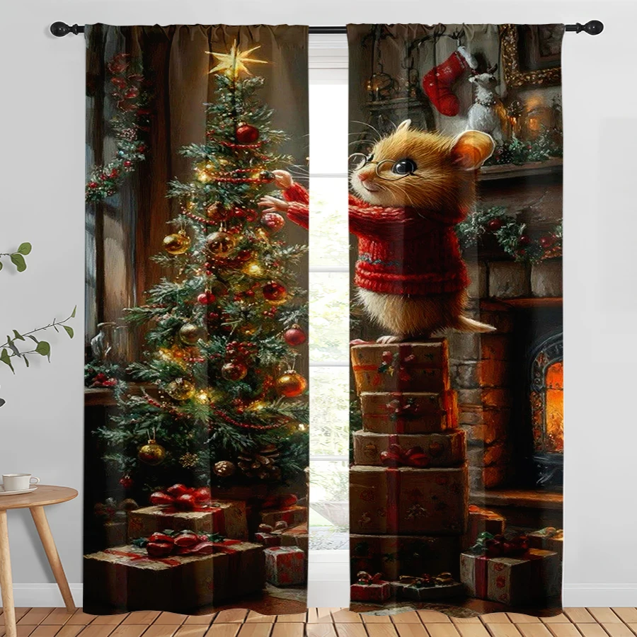2PCS Digital Print Christmas Curtains, Hamster Red Sweater Decorating Tree Fireplace, Cute Warm Window Drapes for Holiday Decor