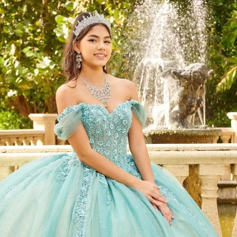 Mexico Water Blue Sweetheart Ball Gown Quinceanera Dresses Beaded Crystal Appliques Birthday Party Dress Robe De Sweet 16 Vestid