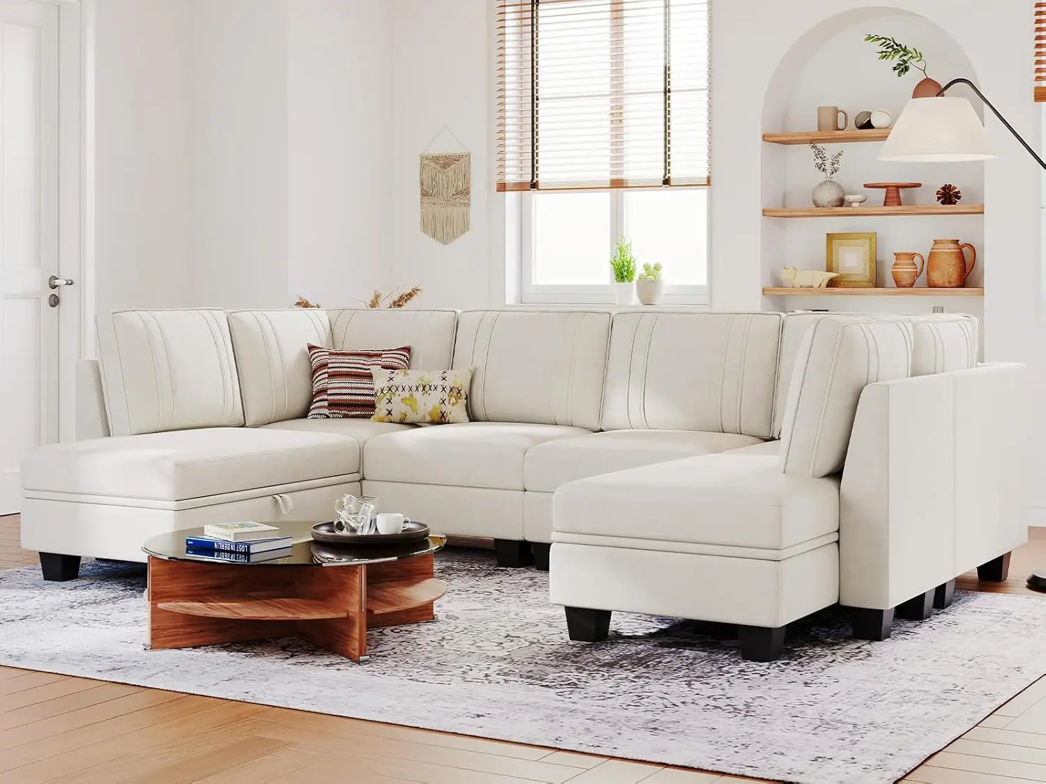 

Velvet Cream Sectional Couch with Storage Ottoman U Shaped Sofa Sectional Couch Convertible U-Shape Couch