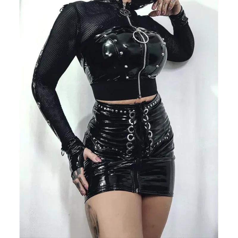 

Pu Hooded Crop Jackets Women Sexy Streetwear Club Alt Smock Tops Goth Dark Grunge Punk Fishnet Zip Up Cardigans Mall Gothic Faux