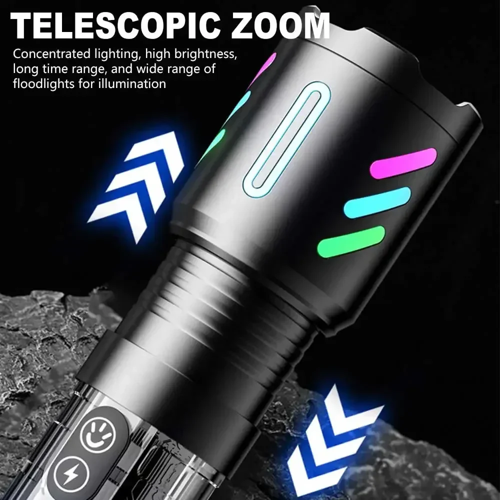 Ultra Bright LED Flashlight with Fluorescent Strip Rechargeable Aluminum Alloy White Laser Torch Portable Lighting Work Lamp