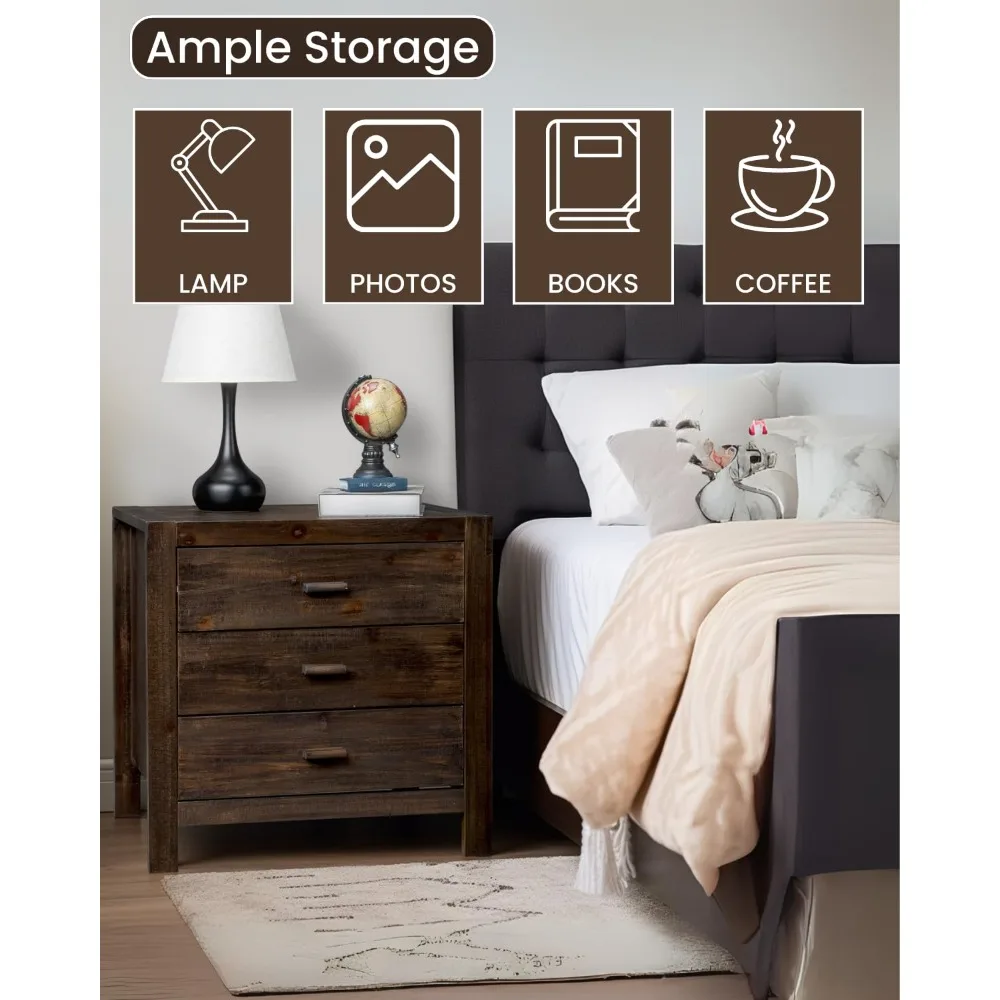 

Farmhouse Nightstand with Charging Station, Solid Pine Wood 3 Drawer Night Stands for Bedroom, Bedside Table, Customized