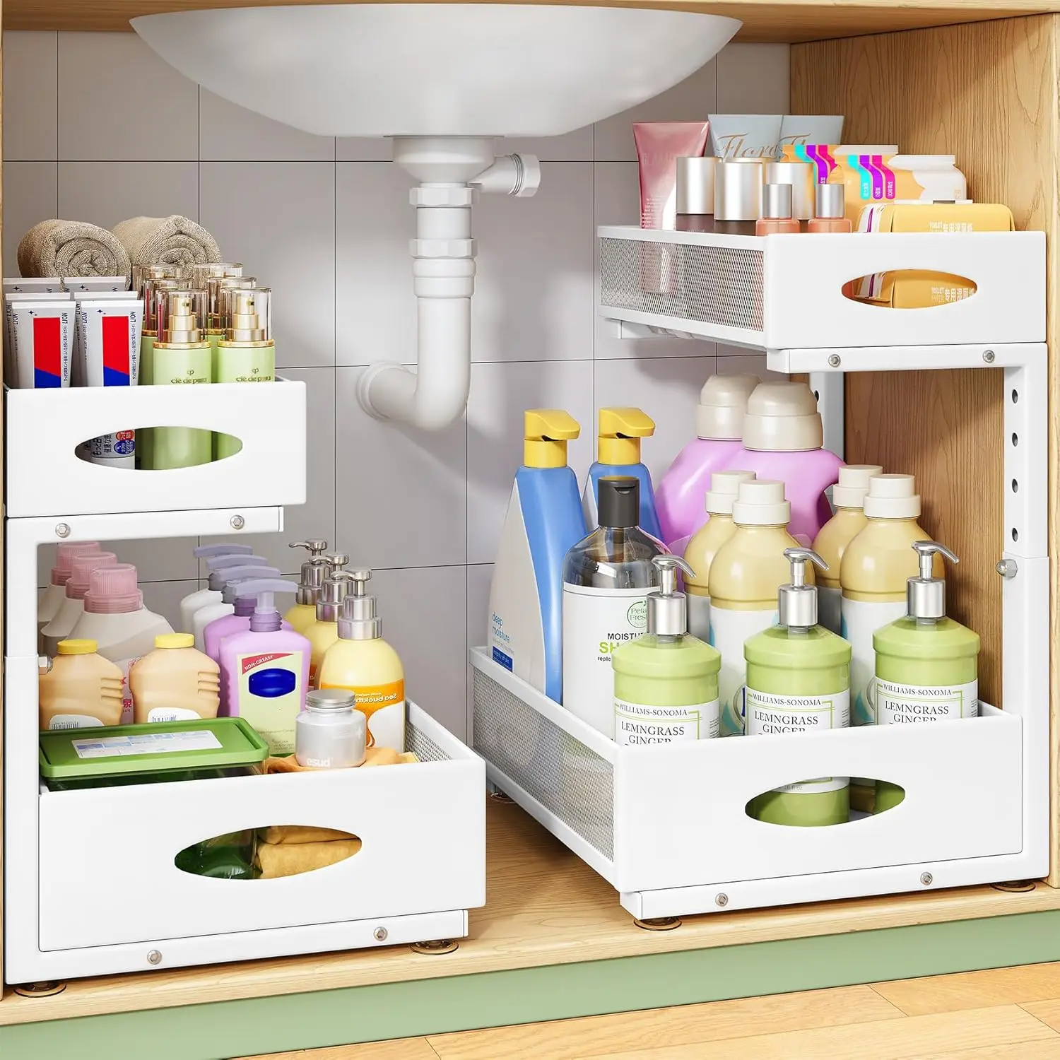 

Набор из 2 органайзеров под раковину, регулируемая L-образная металлическая выдвижная полка для хранения для кухни, ванной, прачечной, белый, размер XL