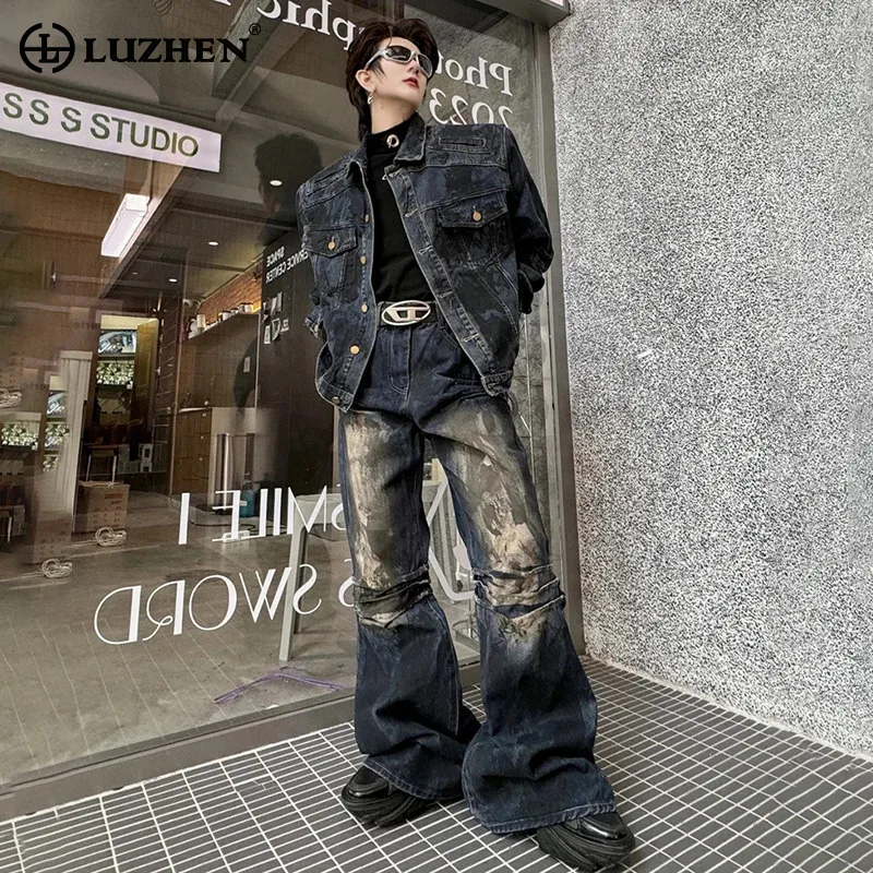 

LUZHEN 2024 Original Painted Design Denim Jacket Men's Stylish Personality Street Jeans Two-piece Sets Wornout Pleated LZ6348