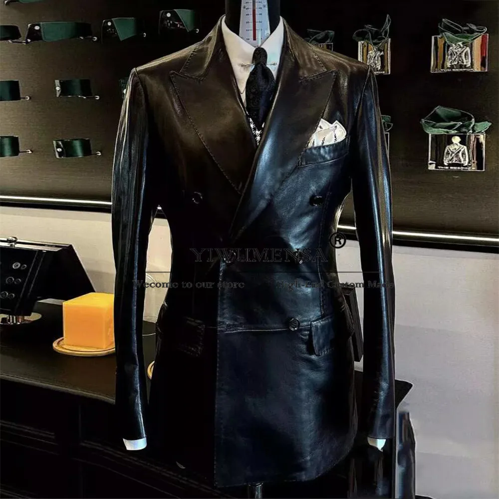 Classic Man Smart Casual Suits Tailor-made Men's Faux Leather Double Breasted Jacket Pants 2 Pieces Groom Tuxedo Male Clothing