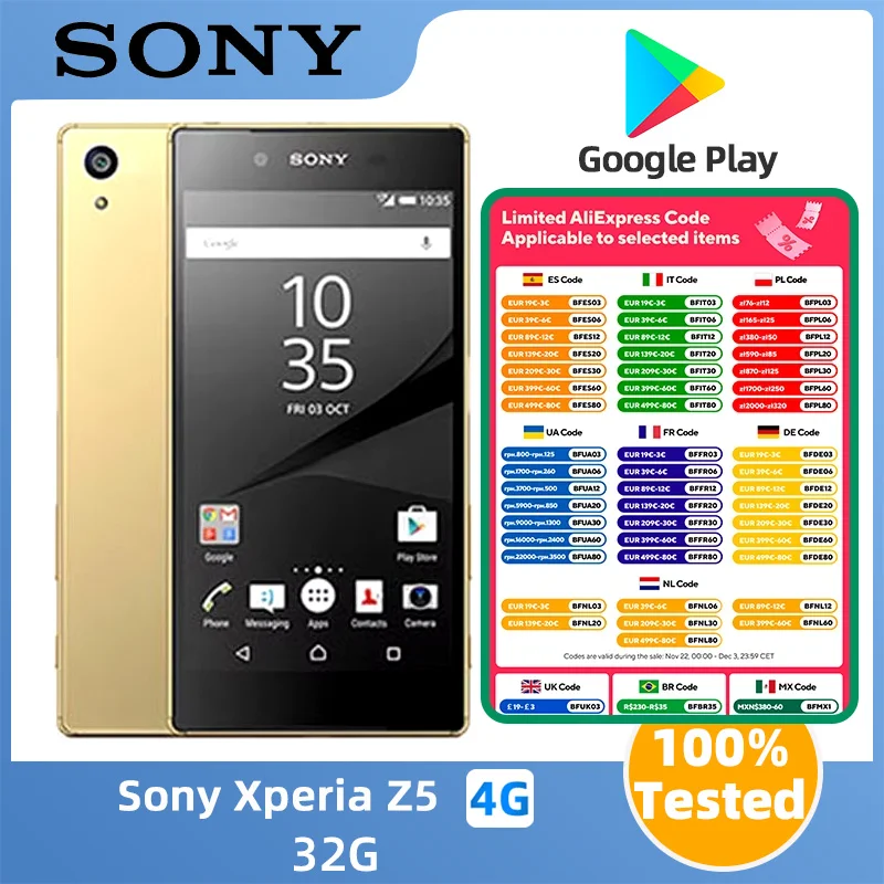 Sony Xperia Z5 4g Smartphone CPU Snapdagon 810 Screen 5.2-inches 19MP Camera 2300mAh Battery Used Phone