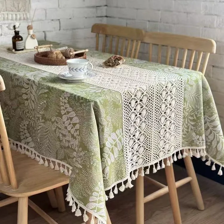 

Bohemian Leaf Lace Tablecloth Cotton Linen Vintage Tea Table Cover for Balcony Sideboard
