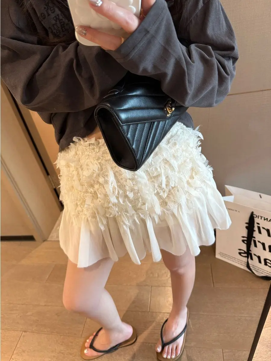 Tassel Chiffon Skirt Women's 2026 Summer New French Romantic Apricot Ruffle Edge Splicing Puffy Skirt