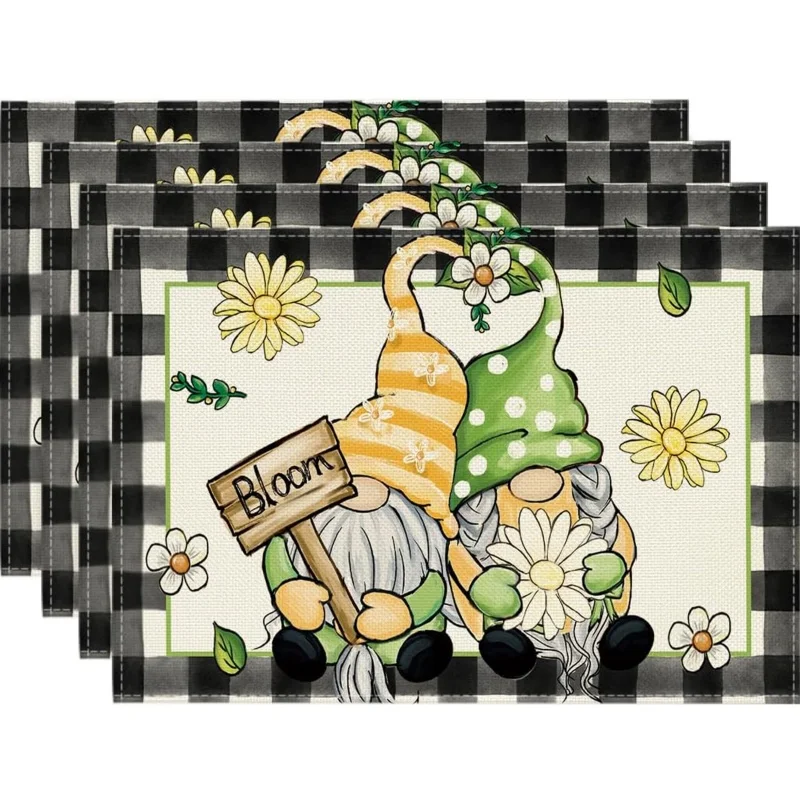 Spring Gnome Daisy Linen Placemats, Black Buffalo Plaid Floral Printed Table Mats, Farmhouse Dining Table Decor