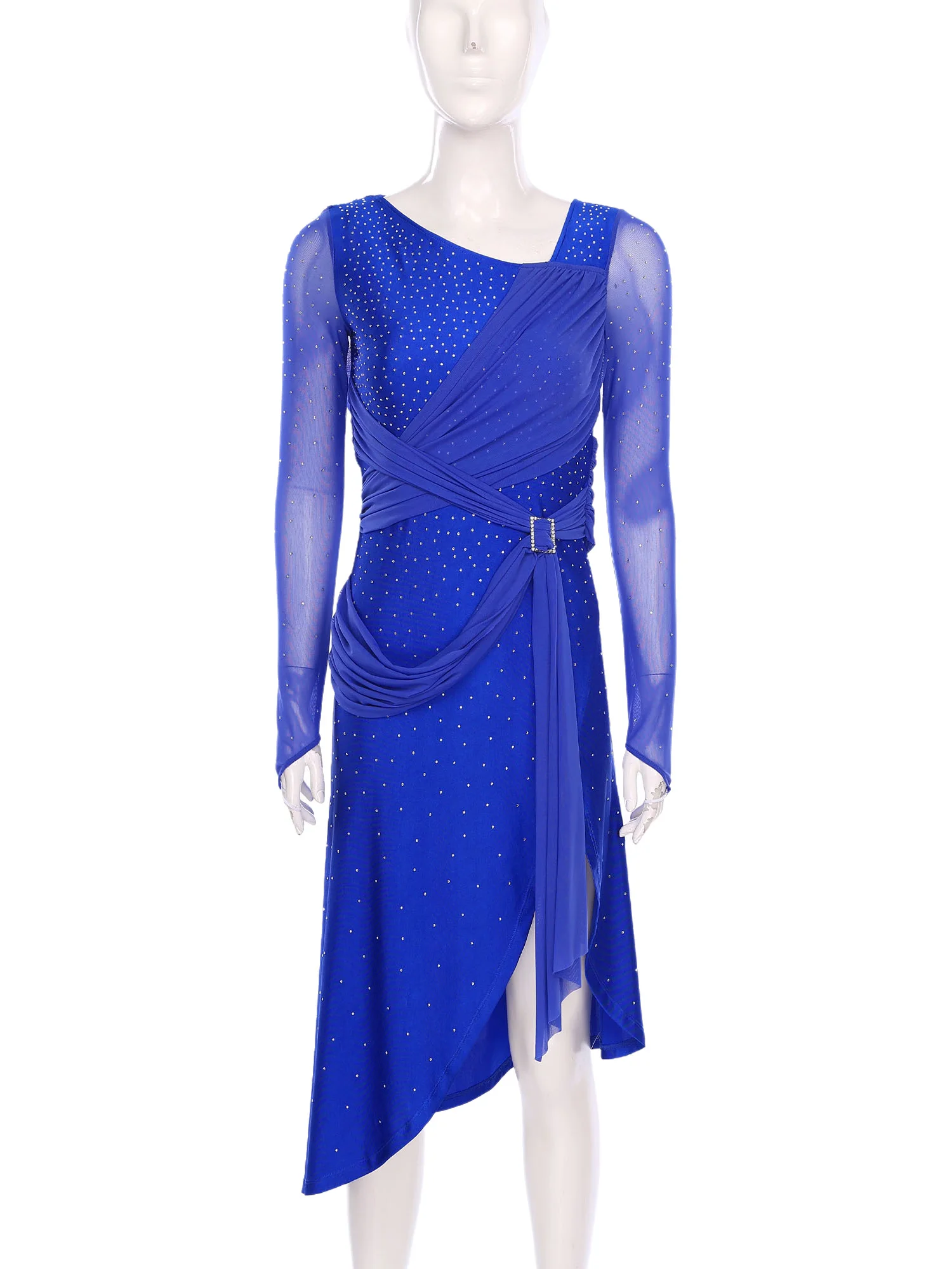 Women Ballet Gymnastic Rhythm Dance Dress Latin Skating Dance Rhinestones Ruched Belt Split Costume for Party Stage Performance