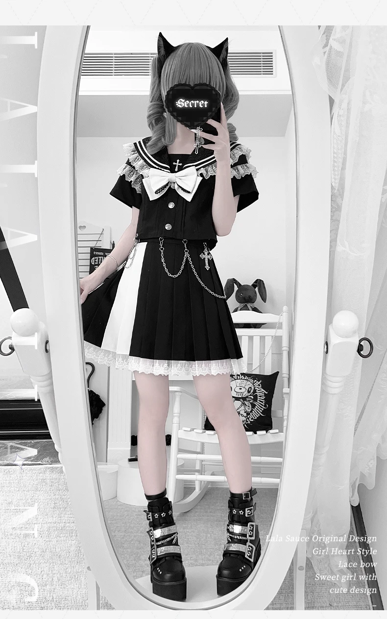 ญี่ปุ่นMineกระโปรง + ชิ้นชุดSubculture Black GothicสาวหวานCool Lolitaชุดลูกไม้Navy Collar Topชุดกระโปรง