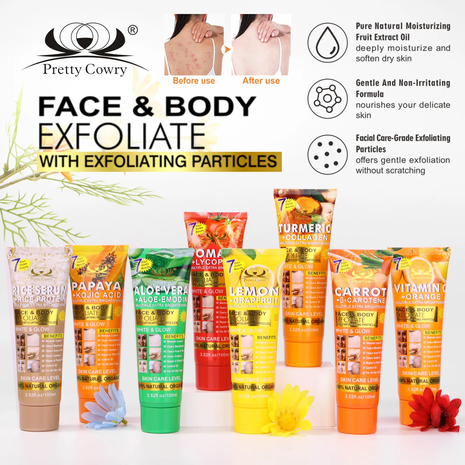 

FACE & BODY EXFOLIATE GEL 100% Natural Organic Formula MULTIPLE EXTRA BRIGHTENING Blemish Control For All Skin Types Gentle