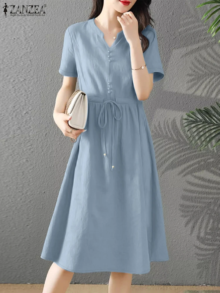 

2025 ZANZEA Elegant Women Summer Short Sleeve Work Midi Dress Stylish Party Sundress Casual Solid A-line Holiday Vestidos Kaftan