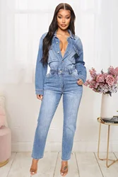 Women Jeans Jumpsuits Single Breasted Solid Denim Washing Overalls Pockets High Street Button Pencil Pants Ankle Length