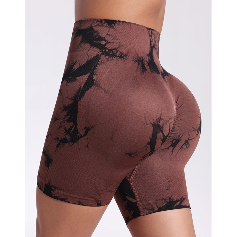 Short de Yoga sans couture pour femmes, teinture par nouage, taille haute, ventre, Fitness, sport, hanche pêche, pantalon à trois points
