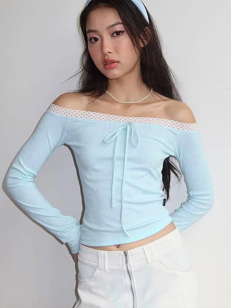 Autumn New T-shirt Women Sexy Sky Blue Backless Lace Slash Neck Tees Top Streetwear Fashion Casual Slim Female Knitted Clothing