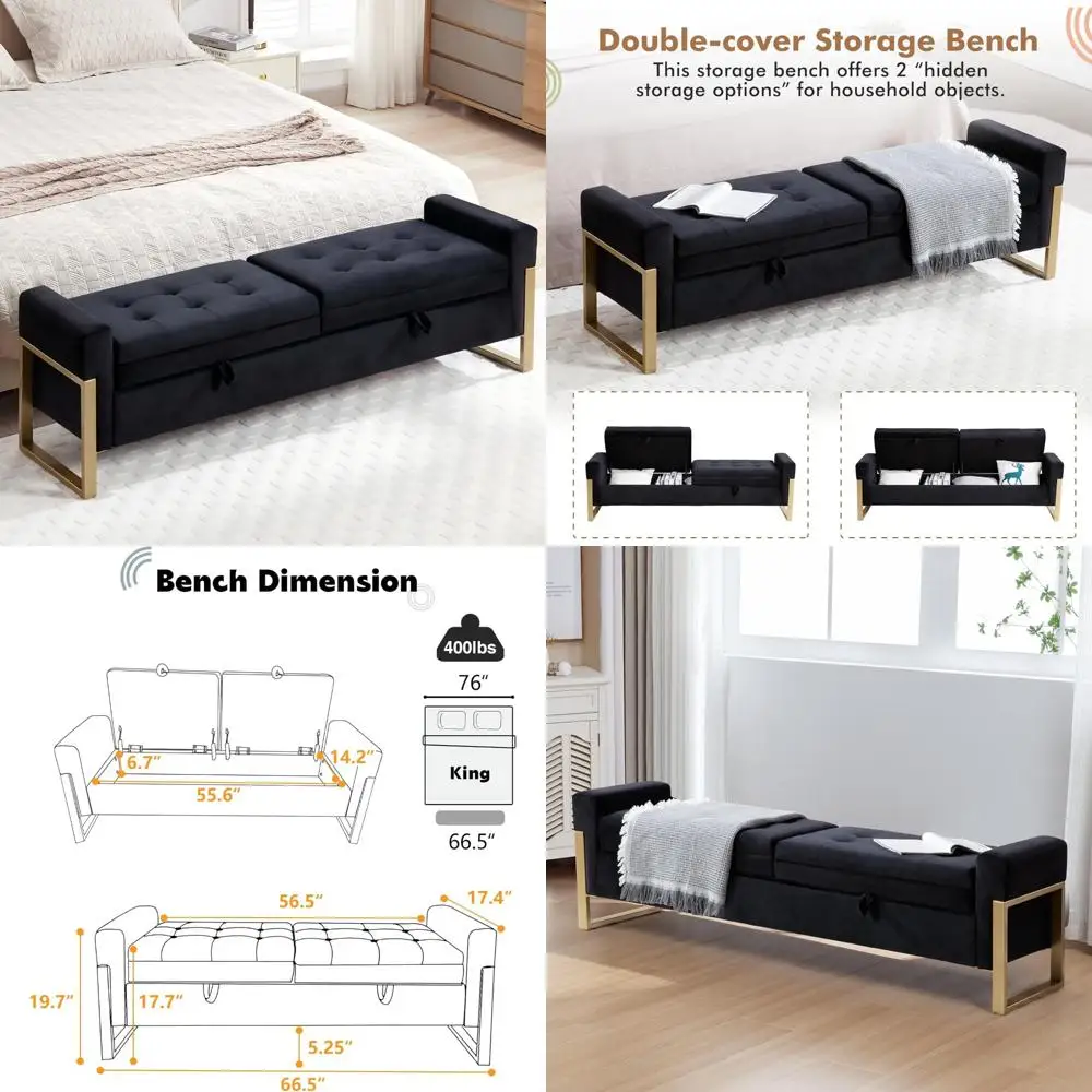 King Size Bedroom Storage Ottoman Bench with Velvet Upholstery and Golden Legs, Double-Lid End of Bed Storage Solution