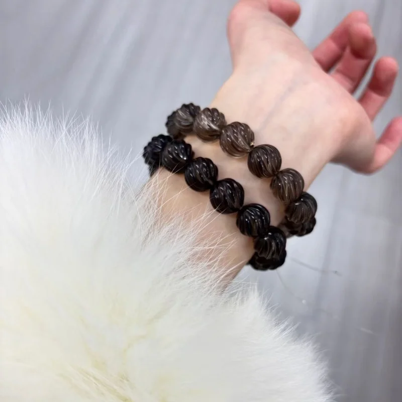 

5A Smoky Quartz carved wave round shape 10-11mm bracelet 17cm wholesale beads nature wholesale