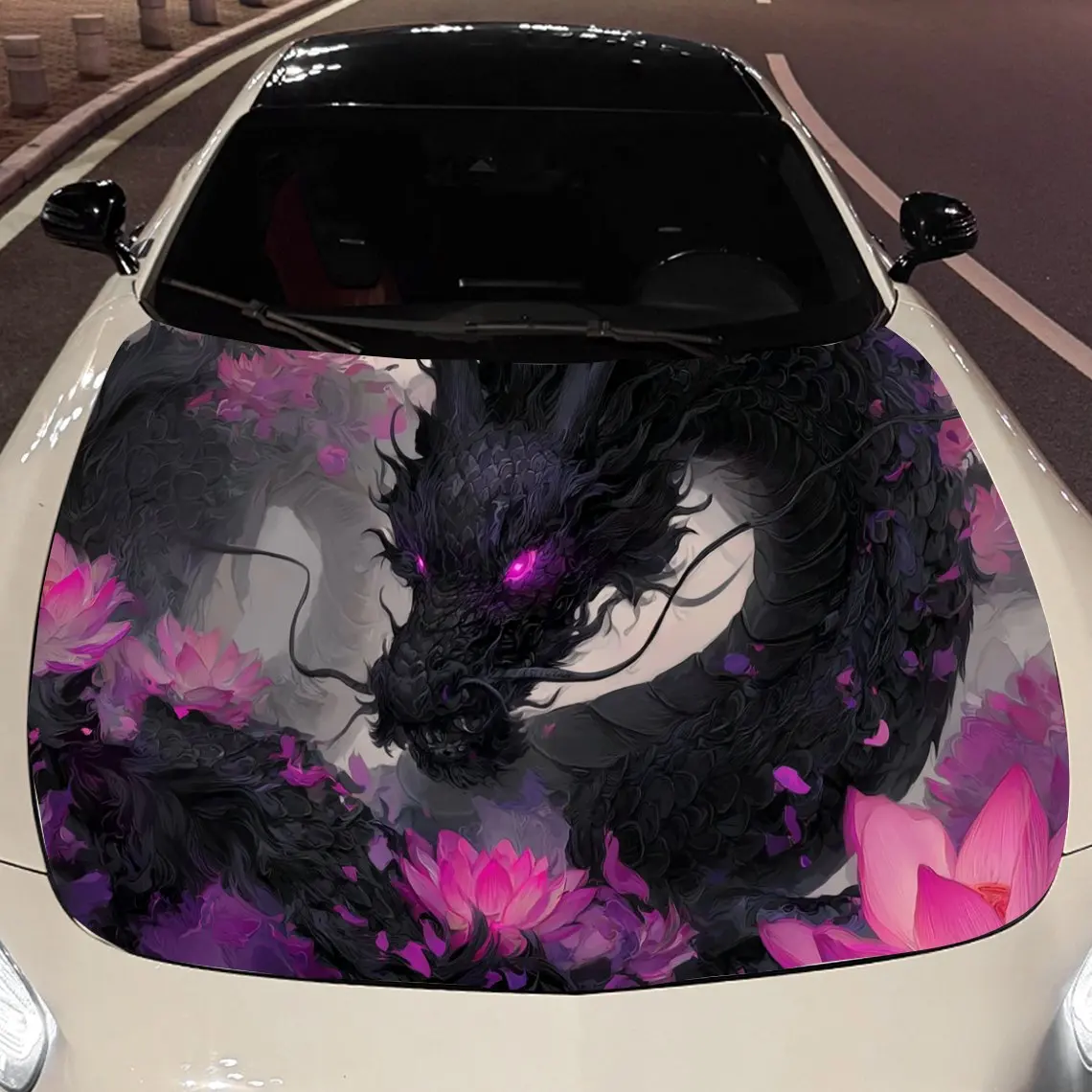 

Black-Scaled Purple-Eyed Dragon Among Lotus Car Vinyl Wrap, PVC Material Waterproof Car Hood Sticker, Self-Adhesive Scratch-Resi