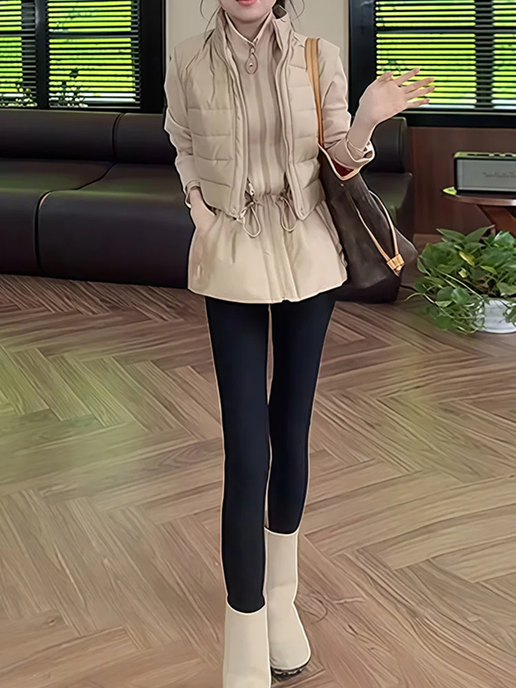 

Fashionable Waist-Cinching Vest Jacket Two-Piece Set Winter Design Neat Layering Casual Chic Style Long Sleeve Zipper Closure
