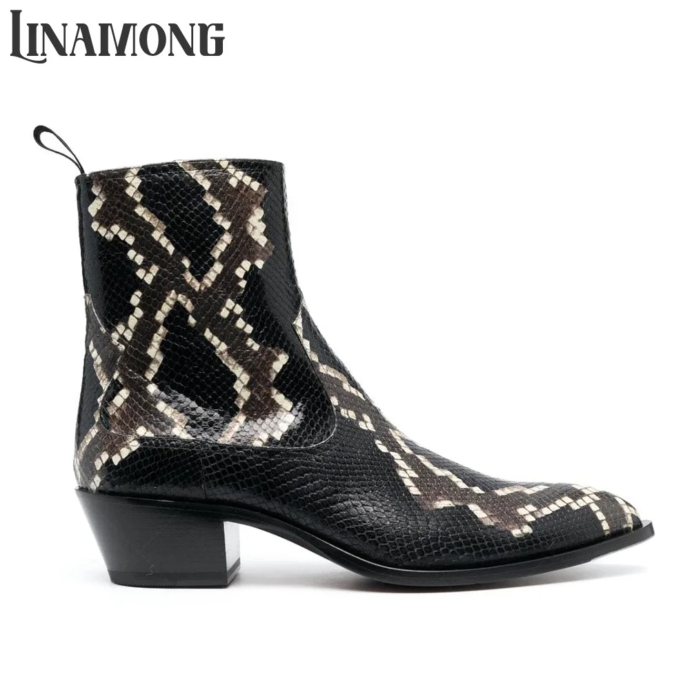 Snakeskin Effect Ankle Boots Pointed Toe Mid Block Heel Ankle Length Boots Animal Print Leather Chelsea Boots Side Zip Men Boots