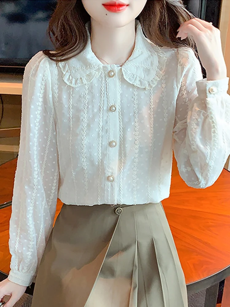 Long Sleeve Blouse Women Doll Collar Apricot Chiffon Blouse Shirt Tops Women Blusas Mujer De Moda 2024 Blouses Shirts Blusa G235