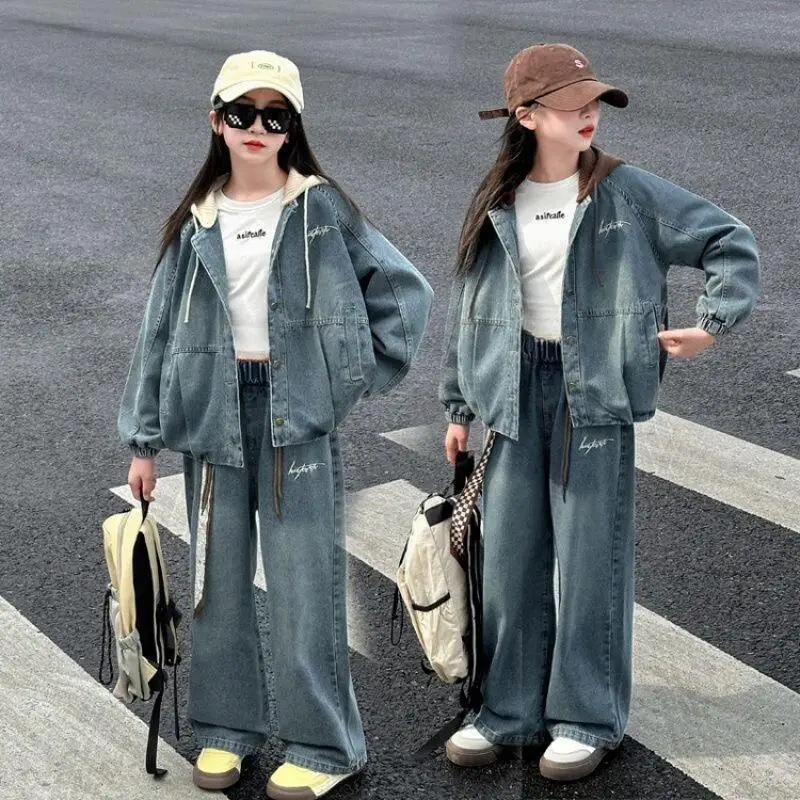 

Kawaii Girl Fashion Hooded Coat Jeans Set Student Spring Autumn Cartoon Casual Tops Cowboy Pants 2-Piece Set Children's Clothing