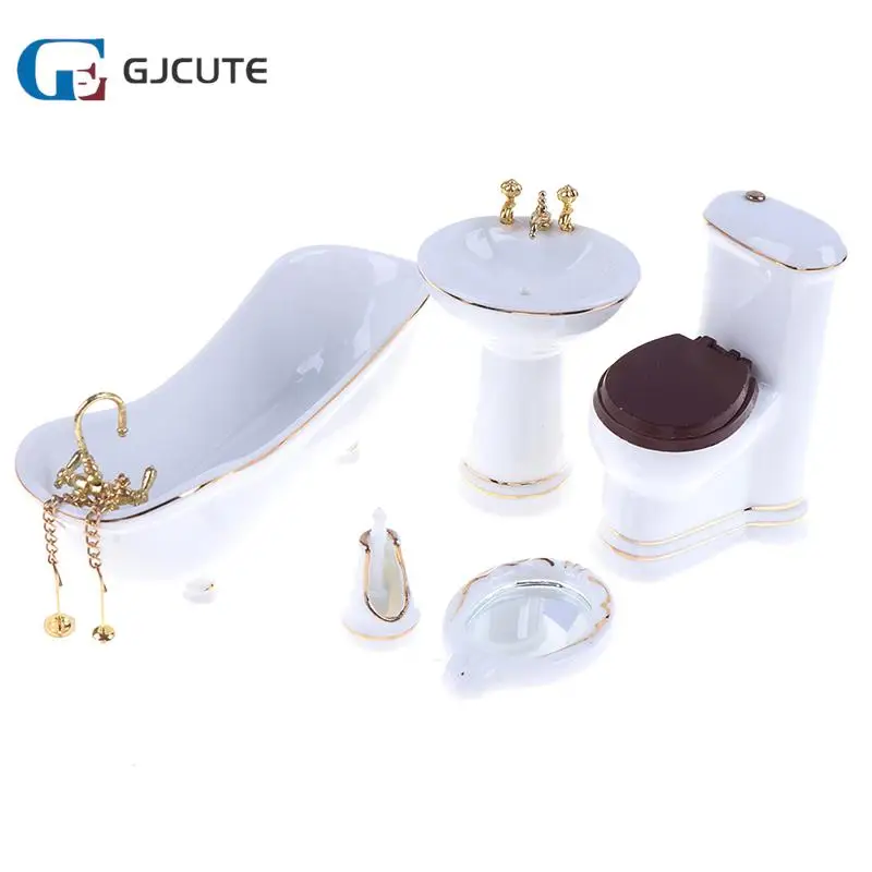 

5pcs 1/12 Dollhouse Simulation White Wash Basin Tub Toilet Model Dollhouse Miniature Furniture Bathroom Decor Baby Pretend Toys