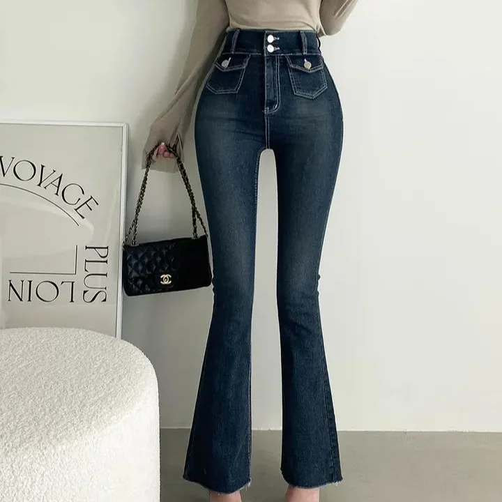 

Облегающие джинсовые расклешенные брюки с высокой талией, удобные модные корейские джинсы-клеш с подставкой, облегающие брюки для четырех сезонов