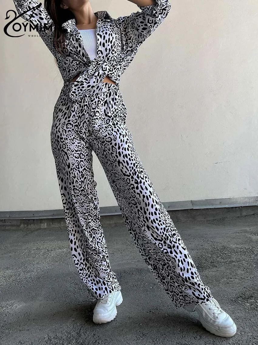 Oymimi Fashion White Leopard Print Womens 2 Piece Outfit Set Casual Long Sleeve Lace-Up Shirts And High Waist Straight Pants Set