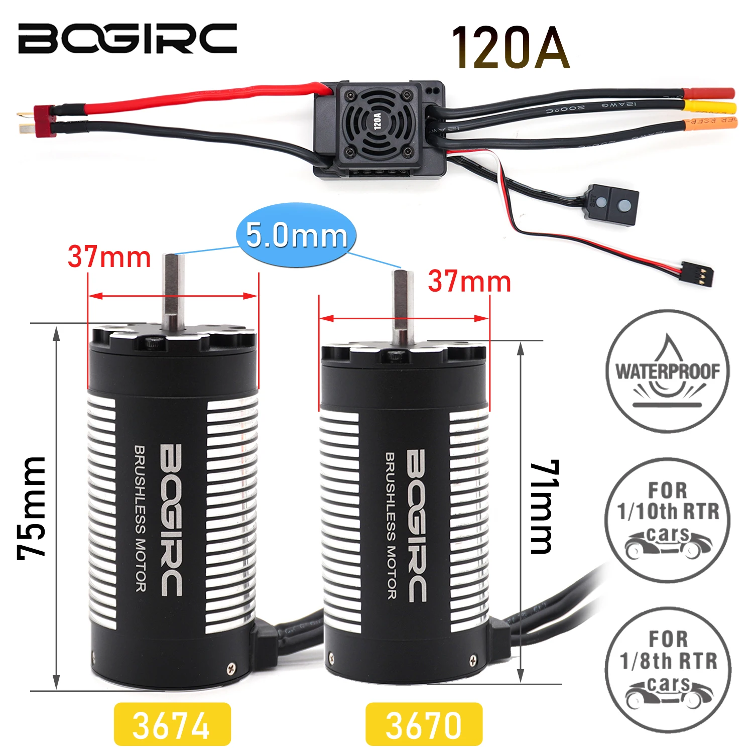 

Бесколлекторный двигатель BOGIRC 1/8 1/10 RC 3674 3670, водонепроницаемый, с регулятором скорости 120A ESC 2-10S для радиоуправляемых моделей, дрифт-каров, внедорожных багги и автомобилей