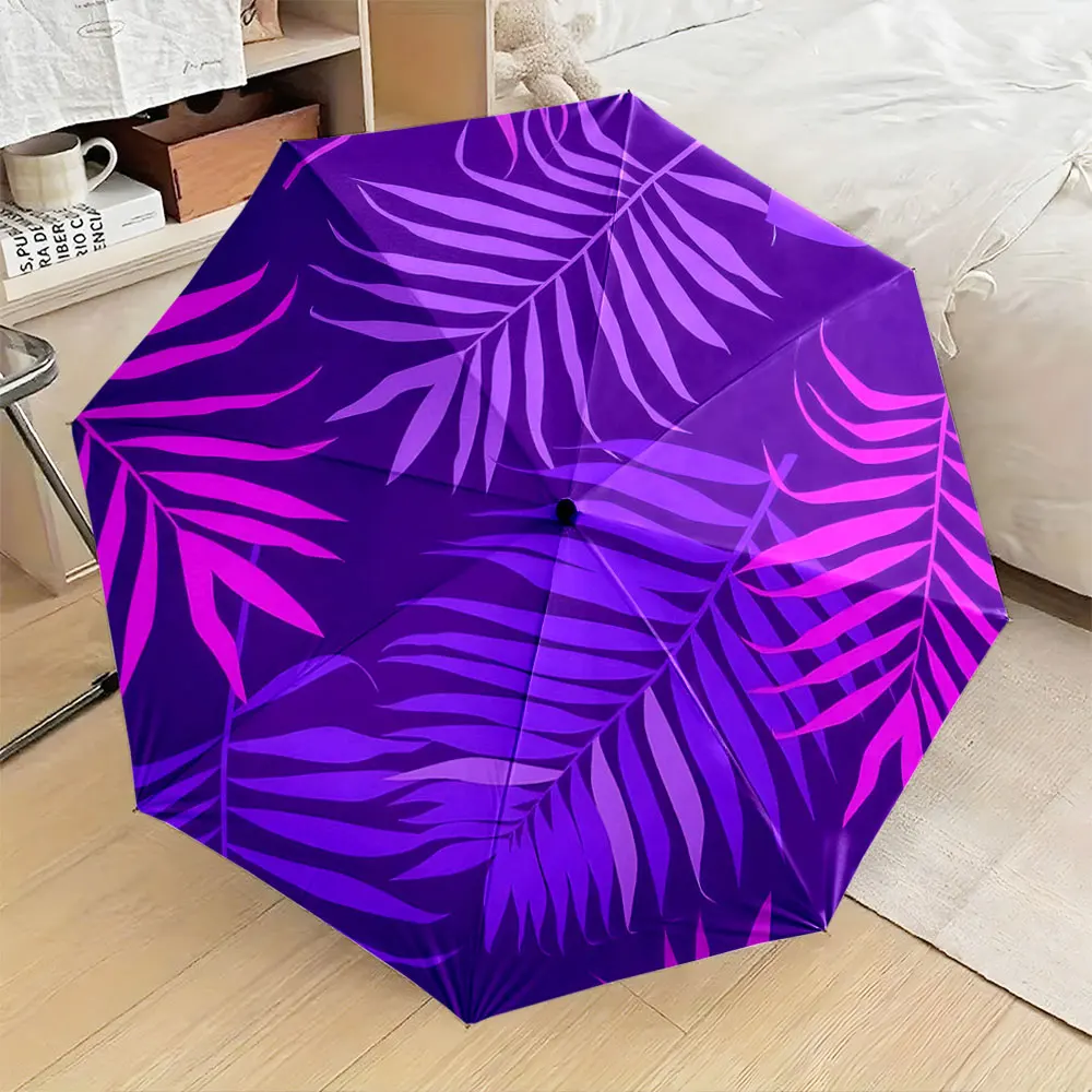 1PC Vibrant Purple Leaf Design Umbrella Print 8 Iron Ribs Folding Umbrella Auto-Open Fashion Sunshade
